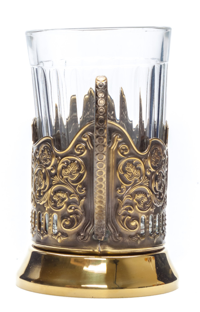 Pushkin Nickel Plated Brass Tea Glass Holder with Faceted Glass (by Kolchugino)