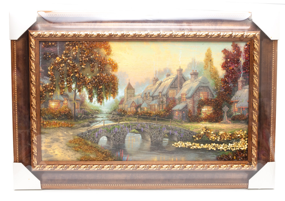 585x395 mm Ancient Church standing on the River Bank hand made of natural Baltic Sea Amber stones (by Russian Amber)
