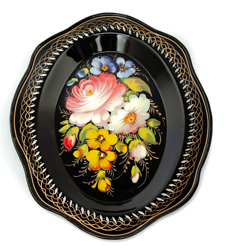 180x220 mm Zhostovo Patterns hand painted and lacquered Metal Forged Carmine Tray (by Lada Crafts)