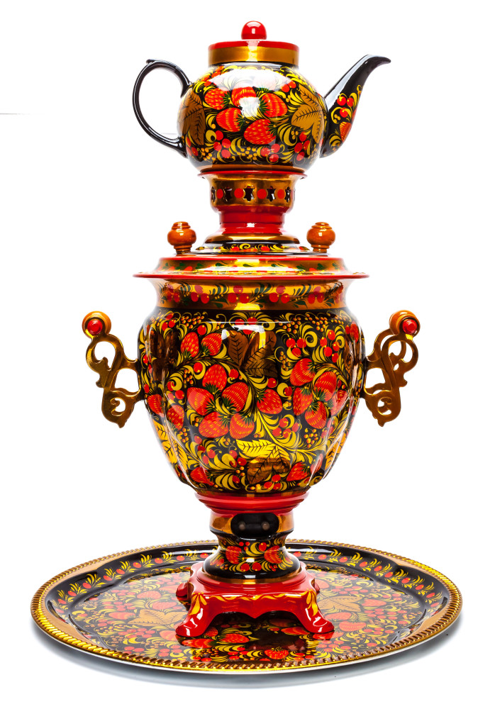 Golden Khokhloma Electric Brass Samovar Kettle with Teapot and Tray