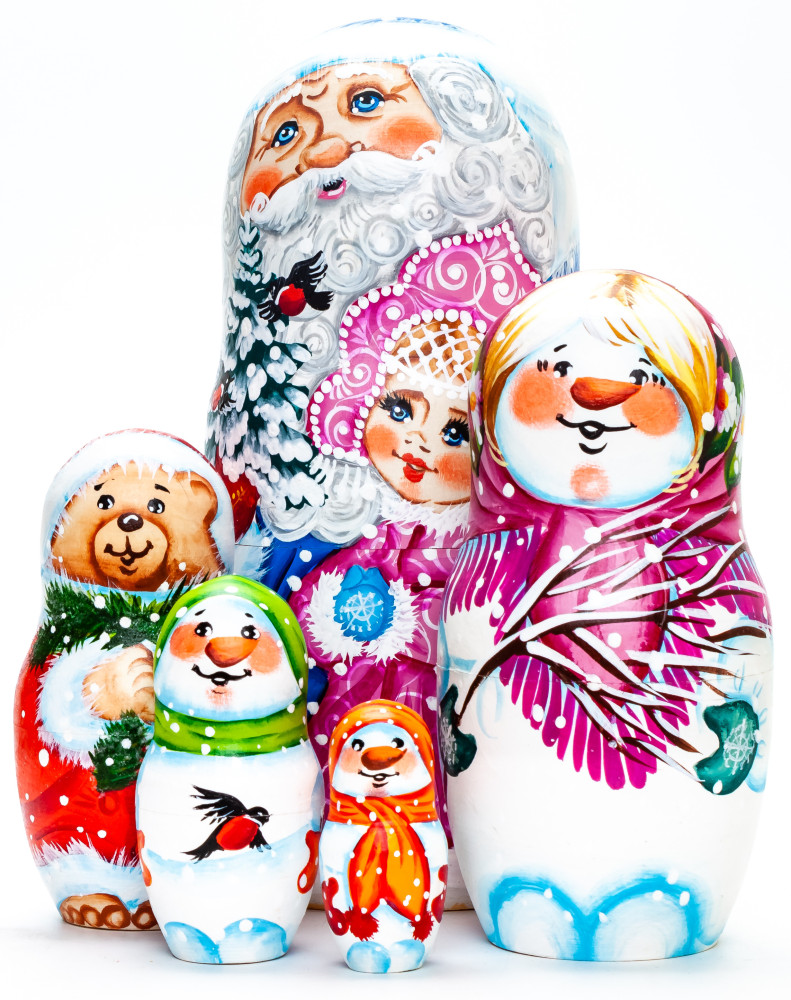 180 mm Santa Claus and Snowmaiden Princess hand painted wooden Matryoshka Doll 5 pcs (by A Studio)
