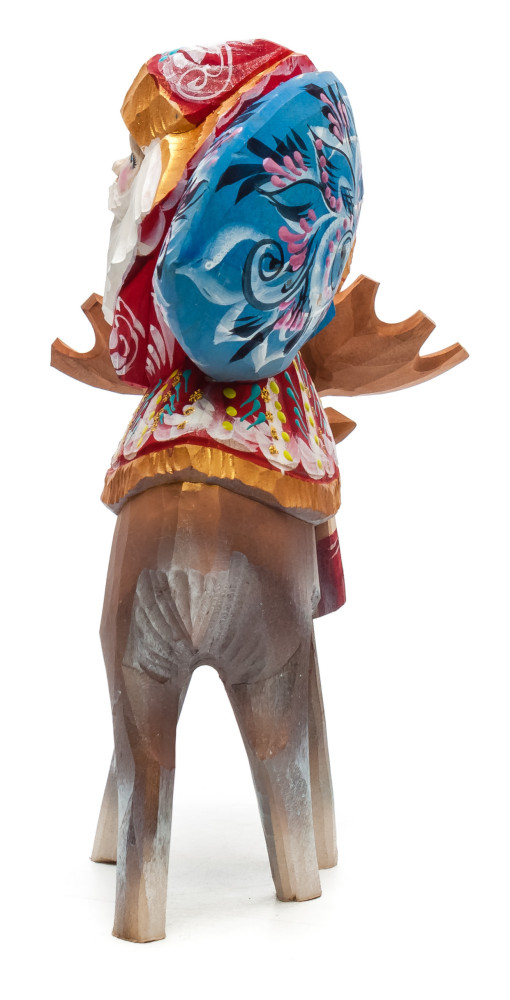 180 mm Santa with a Bag riding a Moose Carved Wood Hand Painted Collectible Figurine (by Igor Carved Wooden Figures Studio)