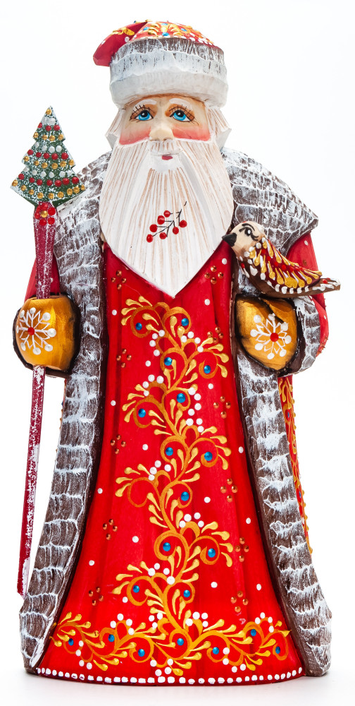 230mm Santa with a Magic Staff and a Bird handpainted Wooden Carved Statue (by Natalia Nikitina Workshop)
