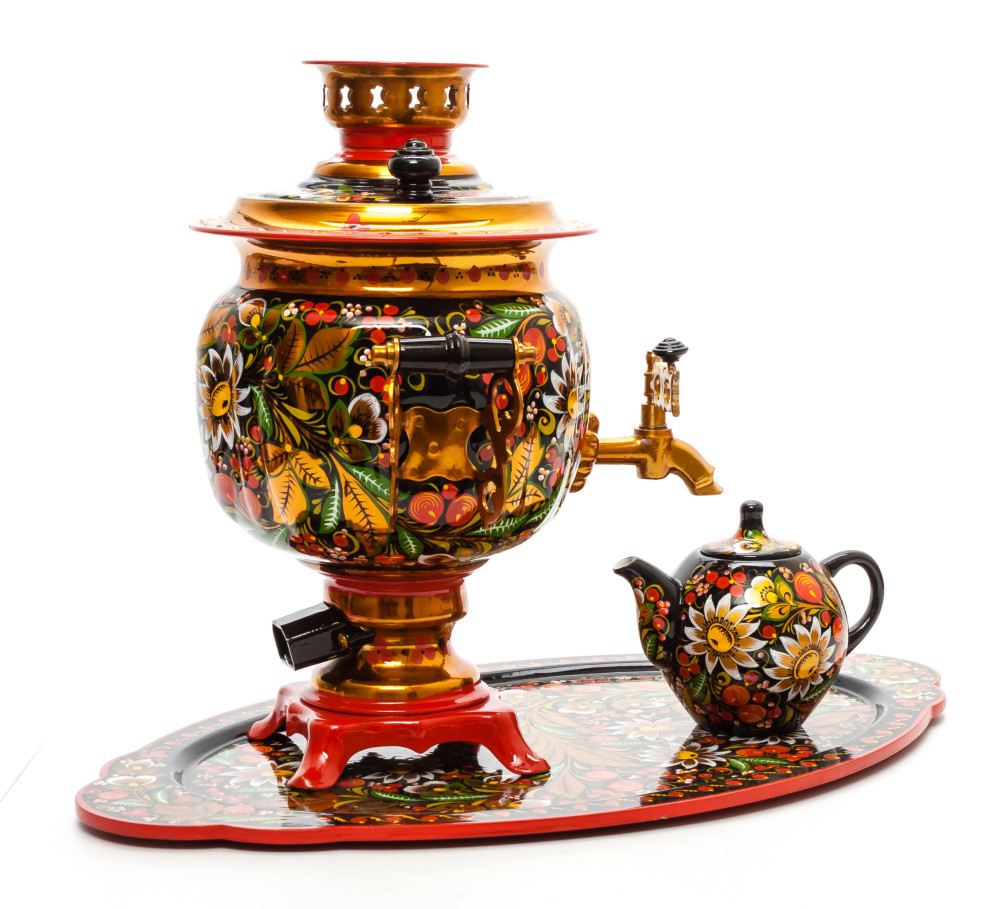Daisies and Cranberries Hand Painted Electric Samovar Kettle with Teapot and Tray