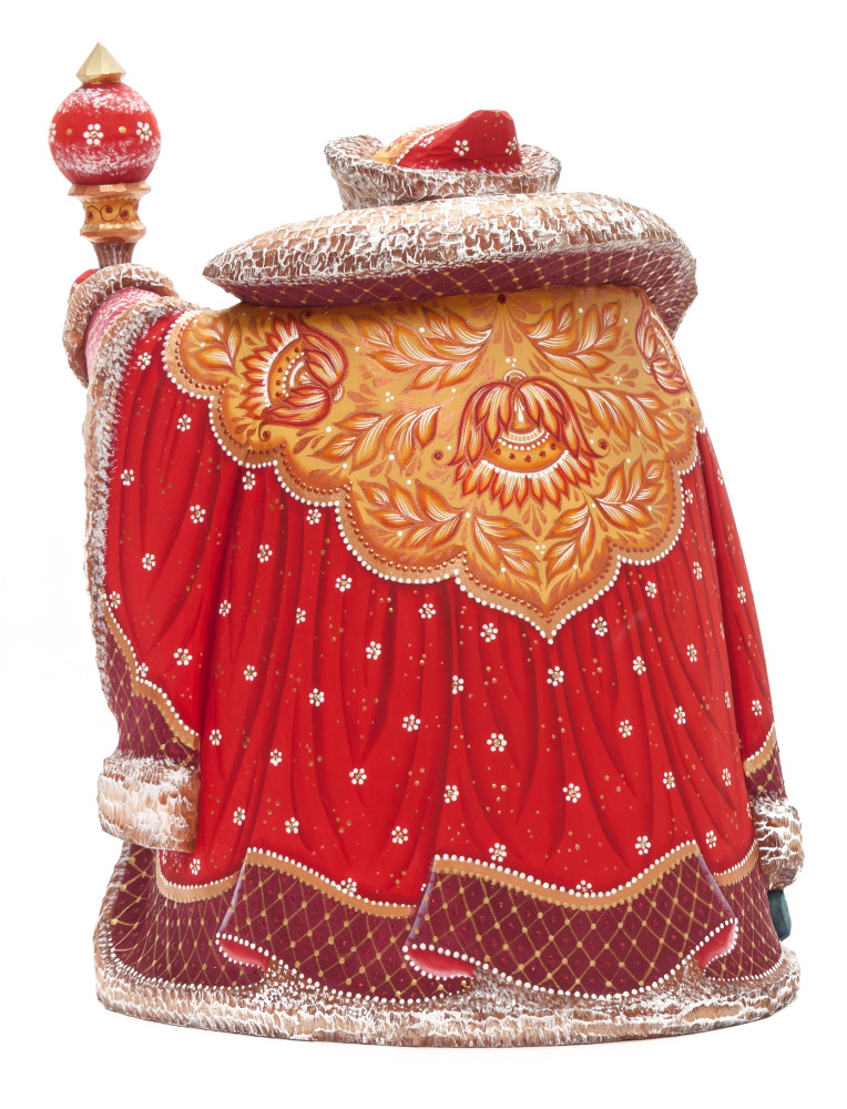 240 mm Santa with a Magic Staff and a Bag with hand painted Kids playing at the Green Christmas Tree Carved Wood Collectible Figurine (by Sergey Christmas Workshop)