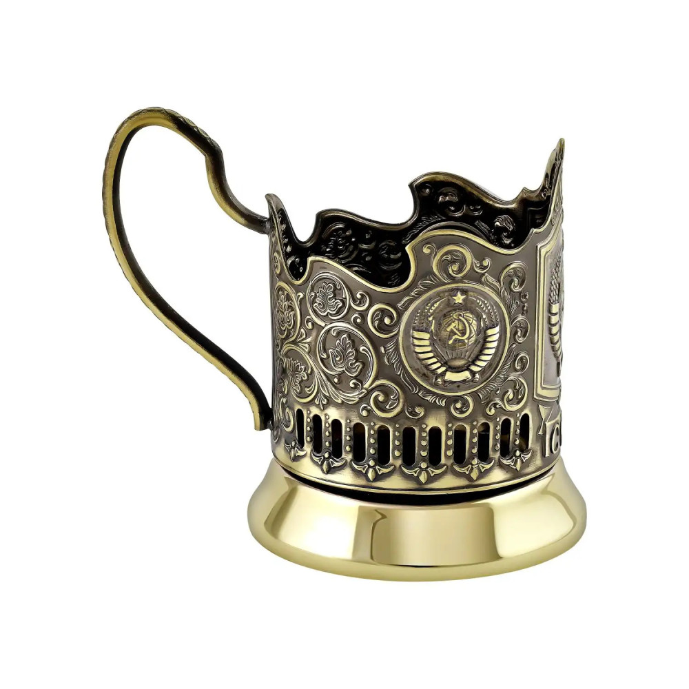 USSR coat of arms pure brass tea glass holder with crystal glass