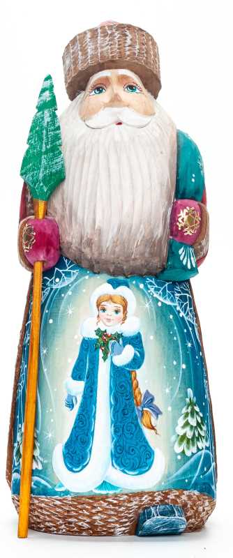 210 mm Santa with a Magic Staff with handpainted Snowmaiden Wooden Carved Statue (by Igor Carved Wooden Figures Studio)