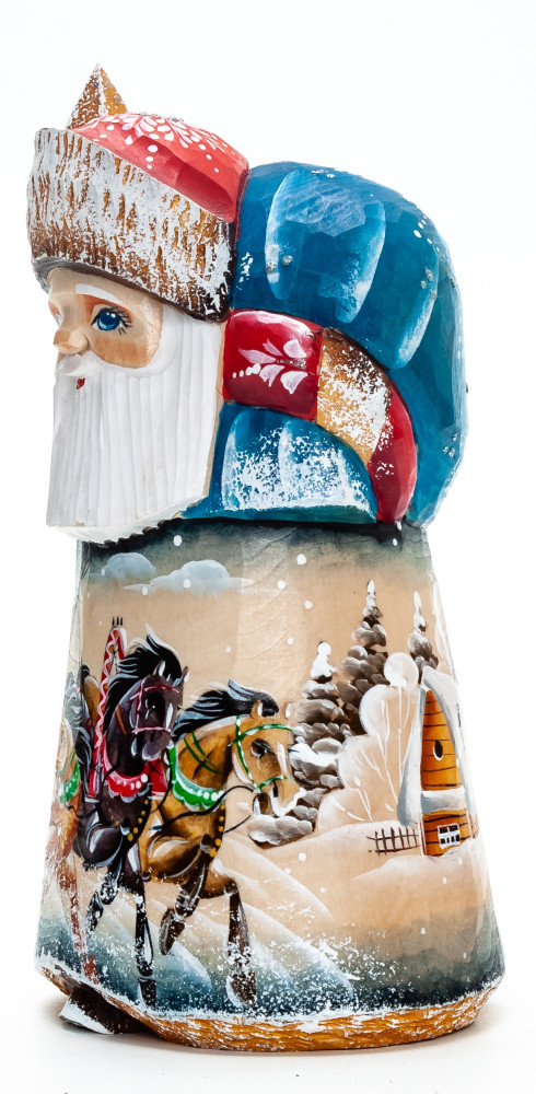 150 mm Santa with a Magic Staff and a Bag with handpainted Troika Wooden Carved Statue (by Igor Carved Wooden Figures Studio)