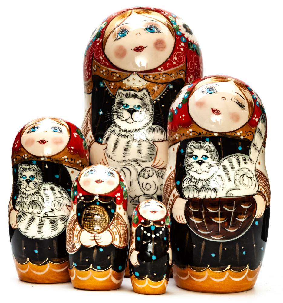 170 mm Russian Girl in Traditional Dress plays with Kitten hand painted wooden Matryoshka doll 5 pcs (by A Studio)
