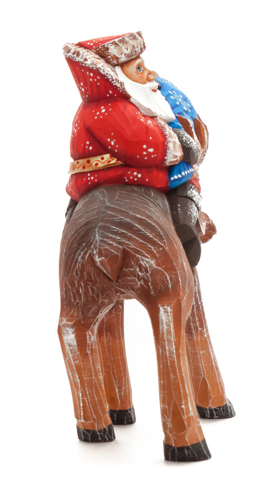 170 mm Santa with a Bag riding the Moose Carved Wood Hand Painted Collectible Figurine (by Sergey Christmas Workshop)