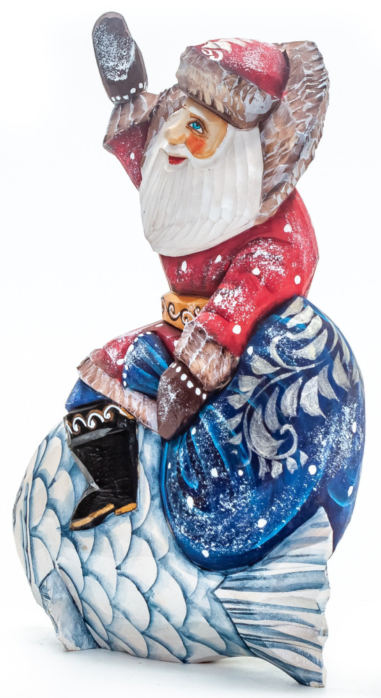 150 mm Santa with a Bag Riding the Fish Carved Wood Hand Painted Collectible Figurine (by Igor Carved Wooden Figures Studio)