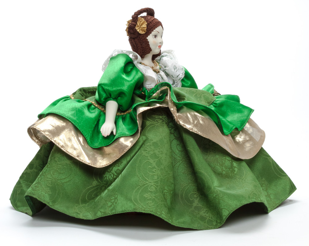 Young Lady in a Green Dress Kettle Porcelain Doll Warmer - 15 Inches