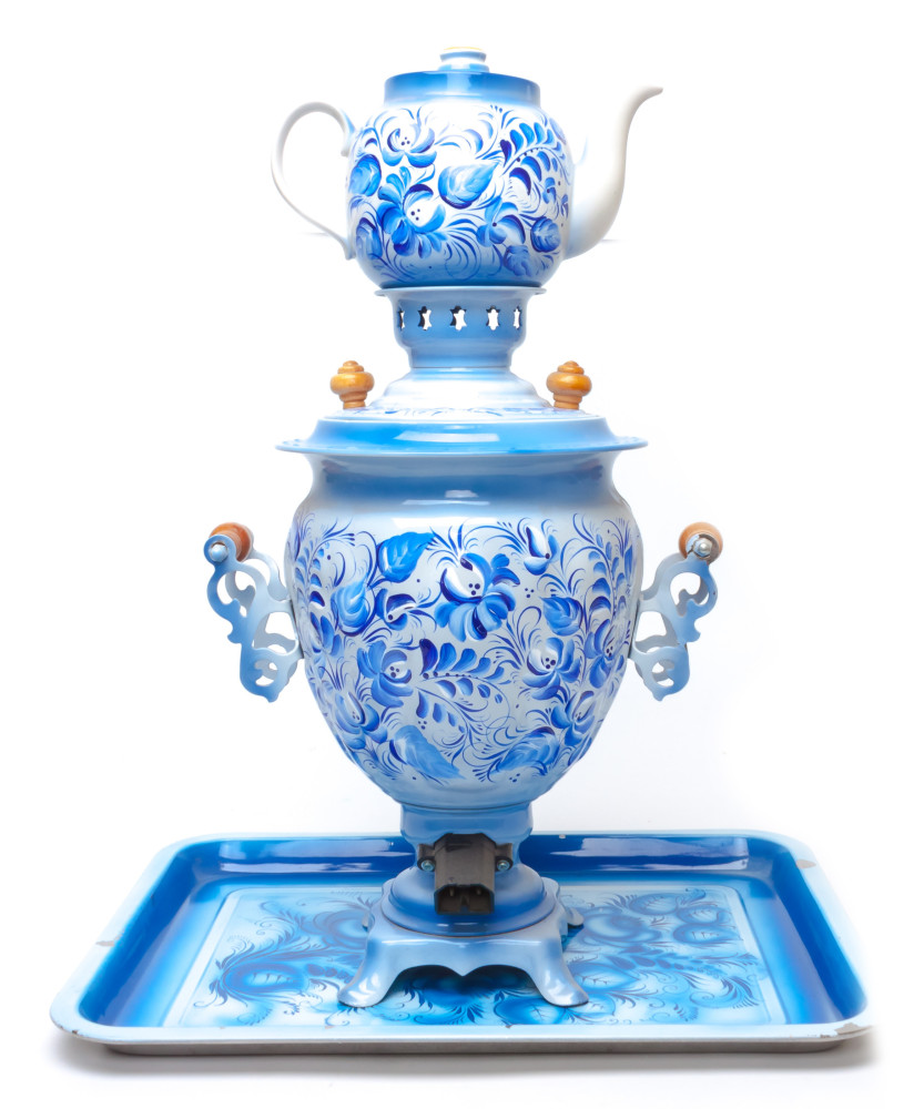 Gzhel Hand Painted Electric Samovar Kettle with Teapot and Tray