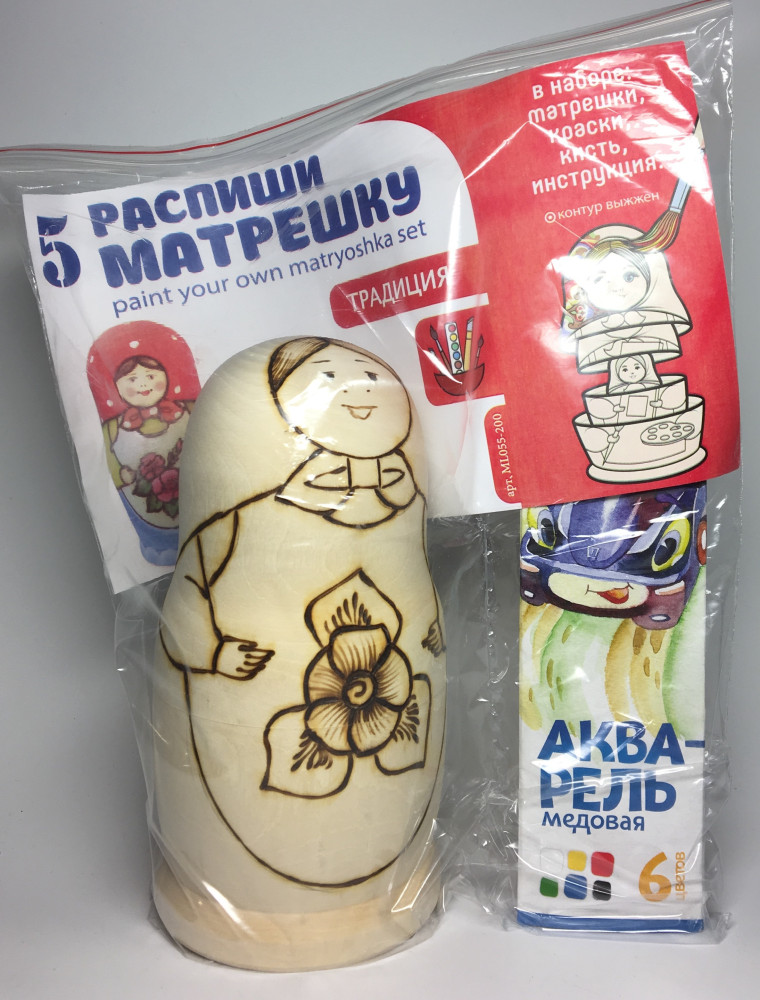 150 mm Blanc Matryoshka Traditional doll 5 pcs inside with paints, brushes, instruction manual (by Sergey Carved Wooden Dolls)