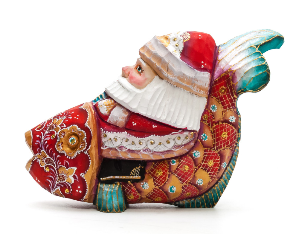 120 mm Santa with a Bag riding a Fish Carved Wood Hand Painted Collectible Figurine (by Igor Carved Wooden Figures Studio)