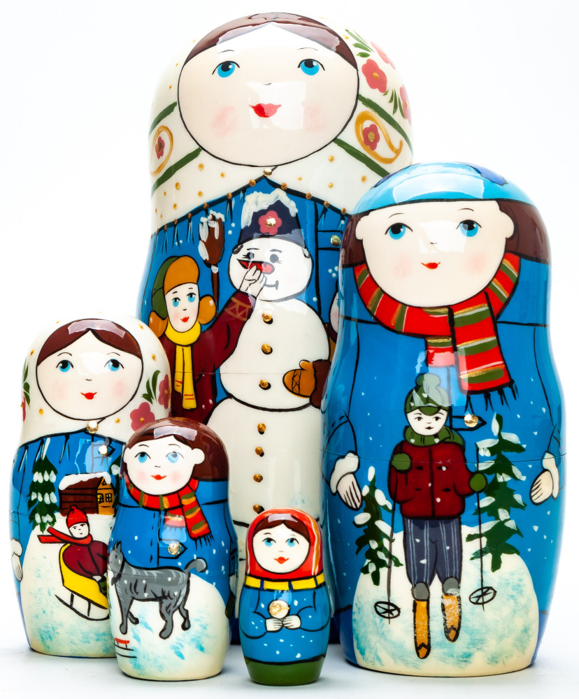 180mm Children making a Snowman hand painted Matryoshka round Doll 5pcs (by A Studio)