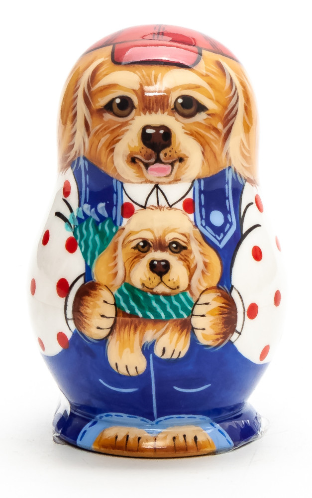 70 mm Father Dog with Puppy hand painted wooden Matryoshka 5 pcs (by Vasily Crafts)