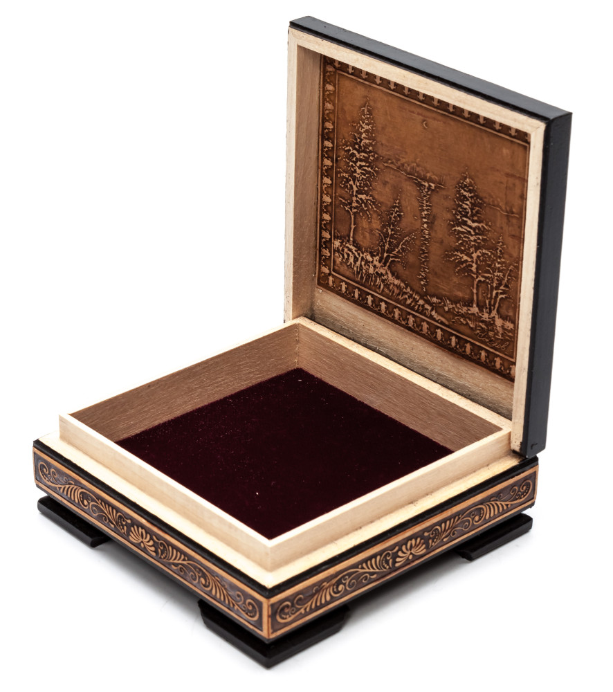 110x110 mm Siberian Patterns hand made Birchbark Jewelry Box (by Maxim Birch)