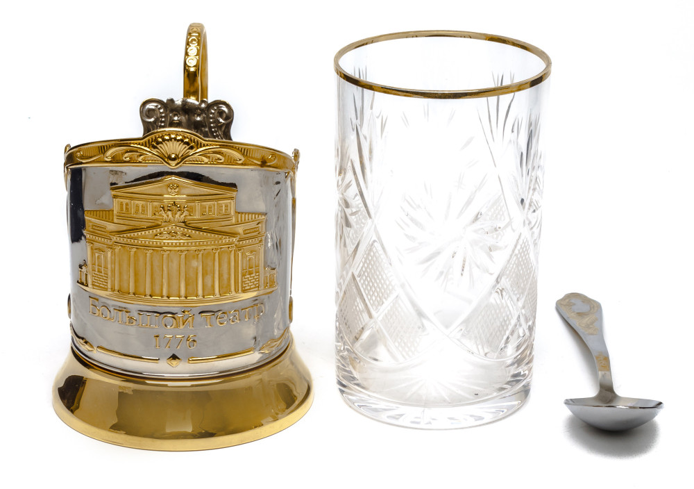 The Bolshoi Theatre Gold Plated Brass Tea Glass Holder with Crystal Glass and Gold Plated Tea Spoon (by Kolchugino)