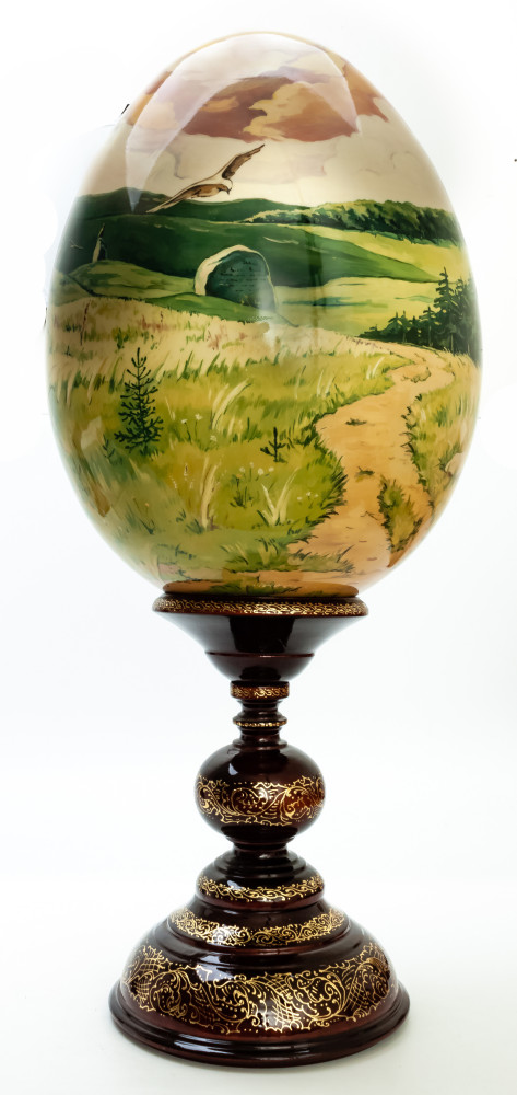 640 mm The Three Bogatyrs hand painted on red colored wooden Egg with standby (by Tatiana Crafts)