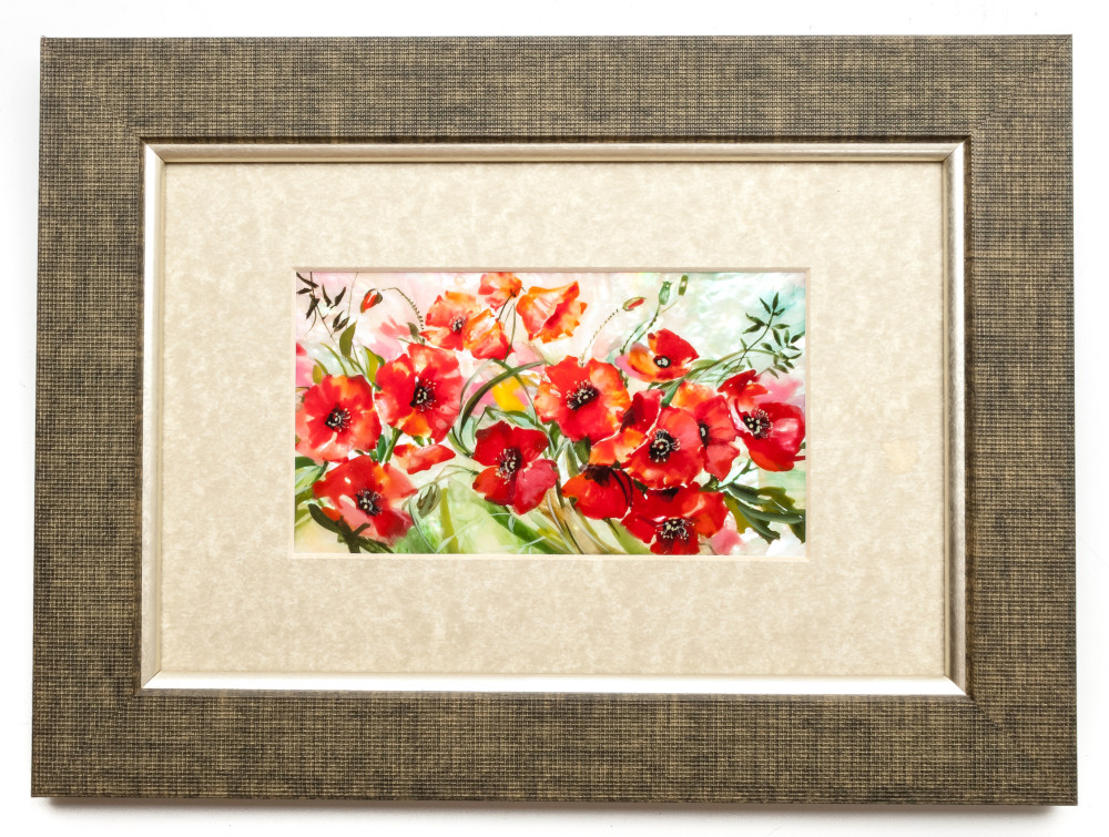 270x200 mm Poppies hand painted on Nacre Fedoscino painting (by Tatiana Fedoscino Arts)