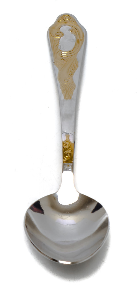 The Moscow Olympic 1980 Bear Gold Plated Brass Tea Glass Holder with Crystal Glass and Gold Plated Tea Spoon (by Kolchugino)