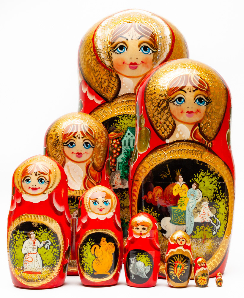 250 mm Russian Fairytale handpainted Wooden Matryoshka Doll 10 pcs (by Valery Crafts)