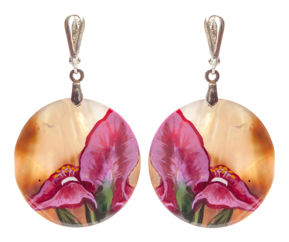 d35 mm Flower hand painted on Nacre Earrings (by Tatiana Shkatulka Crafts)