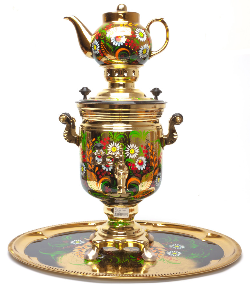 Camomiles Hand Painted Electric Samovar Kettle with Teapot and Tray