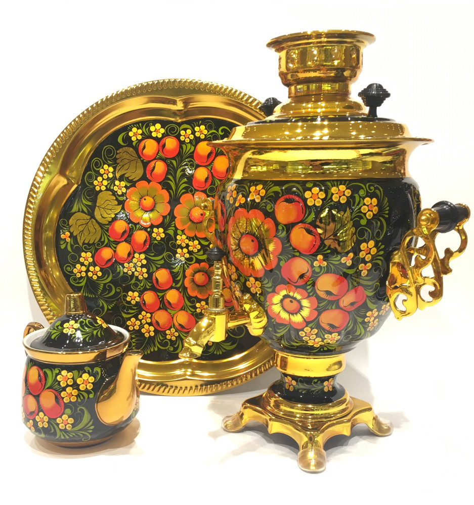 Apple Ornament Electric Samovar Kettle with Teapot and Tray