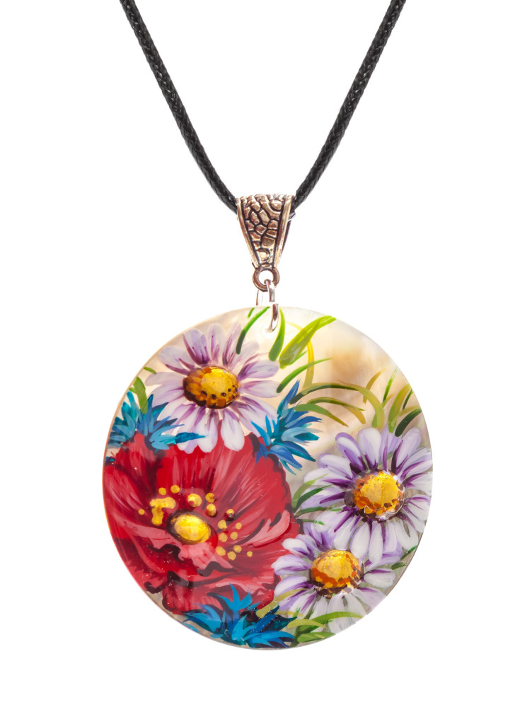 d50 mm Flowers hand painted Nacre Pendant (by Tatiana Shkatulka Crafts)