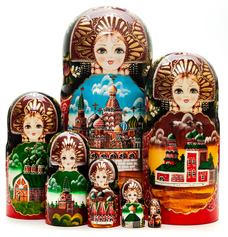 220 mm Moscow Saint Basil Cathedral handpainted Wooden Matryoshka Doll 7 pcs (by Sheherazade)