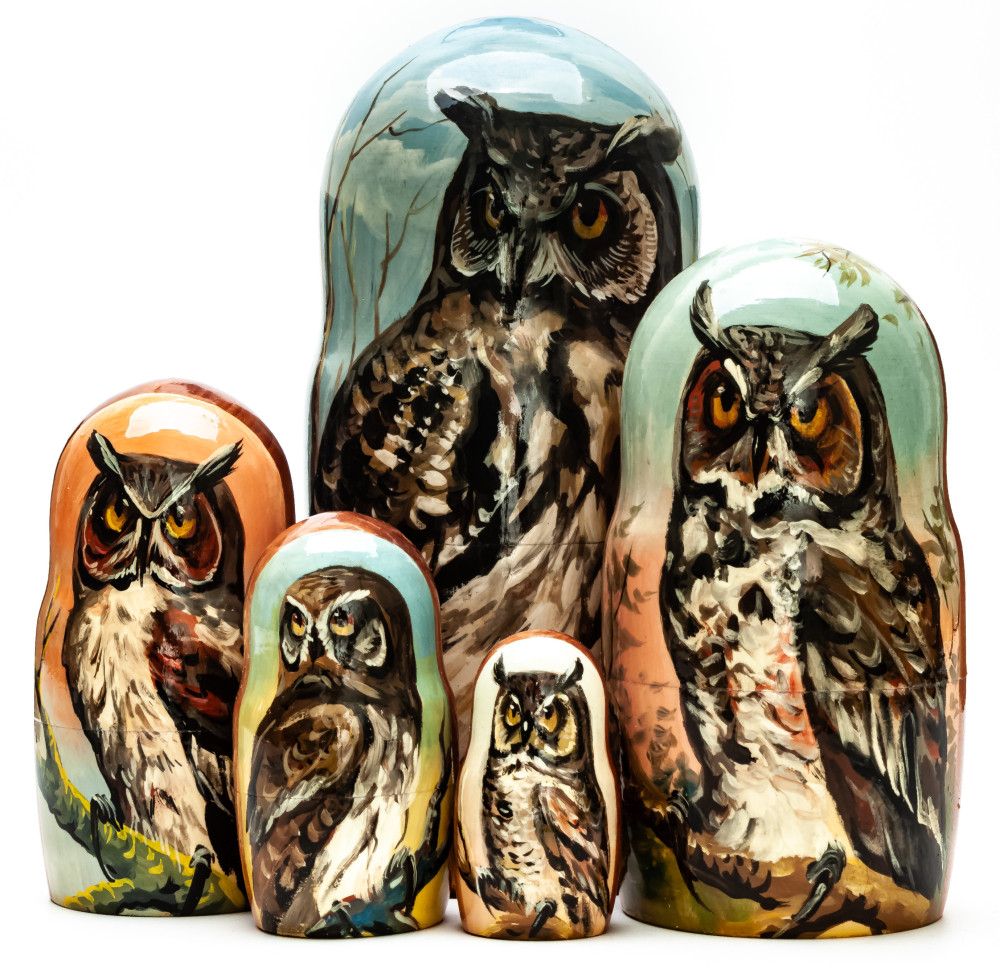 180mm Owl hand painted on wooden Matryoshka doll 5 pcs (by Alexander Famous Paintings Studio)