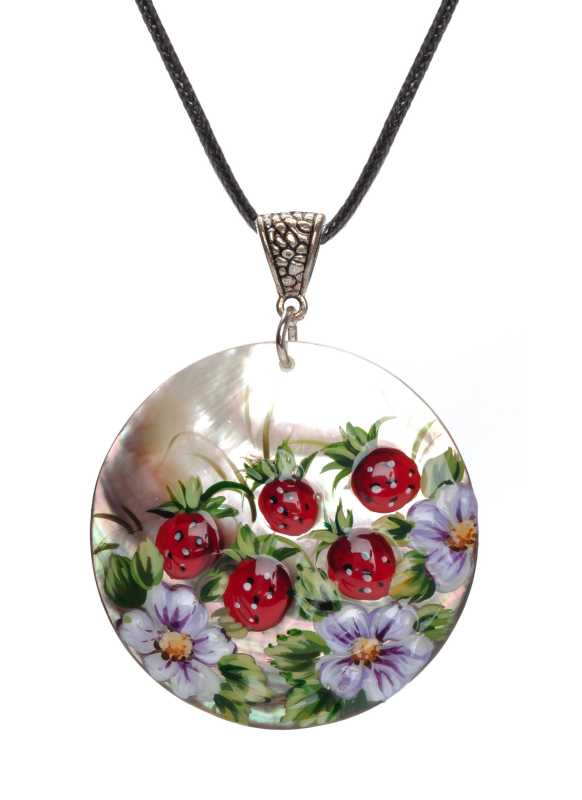 d50 mm Strawberry hand painted Nacre Pendant (by Tatiana Shkatulka Crafts)