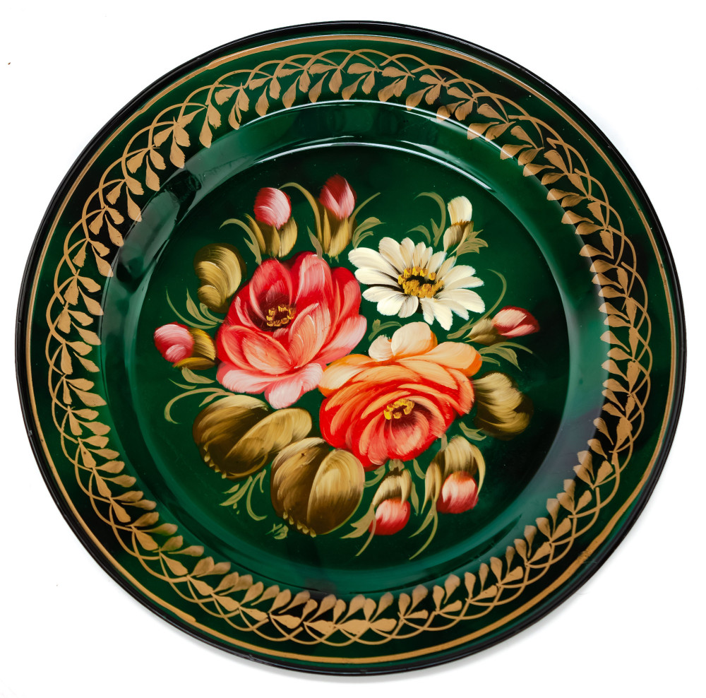  d 180 mm Zhostovo Patterns hand painted and lacquered Metal Forged Green Tray (by Lada Crafts)