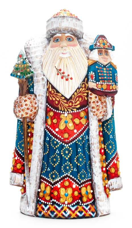 230 mm Santa with a Magic Staff and a Nutcracker Carved Wood Hand Painted Collectible Figurine (by Natalia Nikitina Workshop)