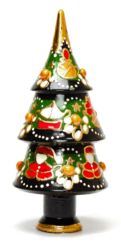 130 mm Christmas Wooden Green Tree with Hand Painted Garlands and Decorations
