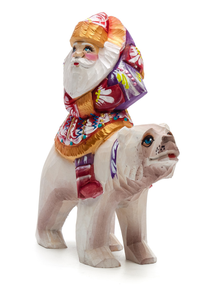 180 mm Santa with a Bag riding a Bear Carved Wood Hand Painted Collectible Figurine (by Igor Carved Wooden Figures Studio)