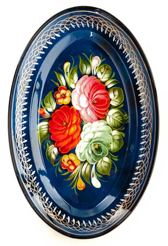 165x255 mm Zhostovo Patterns hand painted and lacquered Metal Forged Blue Tray (by Lada Crafts)