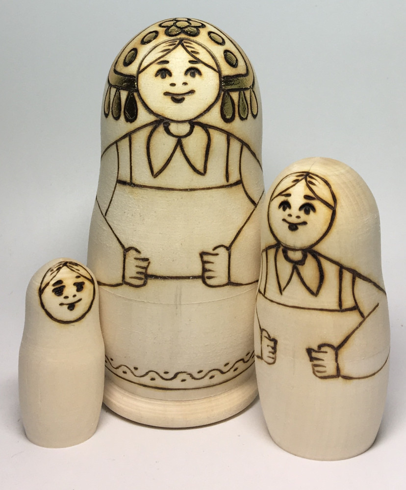 100 mm Blanc Matryoshka with Kokoshnik doll 3 pcs inside with paints, brushes, instruction manual (by Sergey Carved Wooden Dolls)