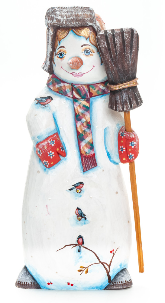 230 mm Snowman with a Broom hand painted wooden figurine (by Natalia Nikitina Workshop)