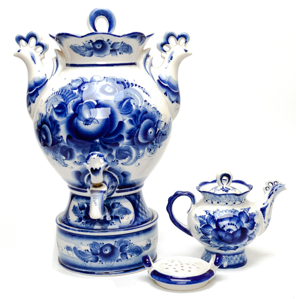 Flowers Gzhel Ceramic Electric Kettle with Teapot and Tray