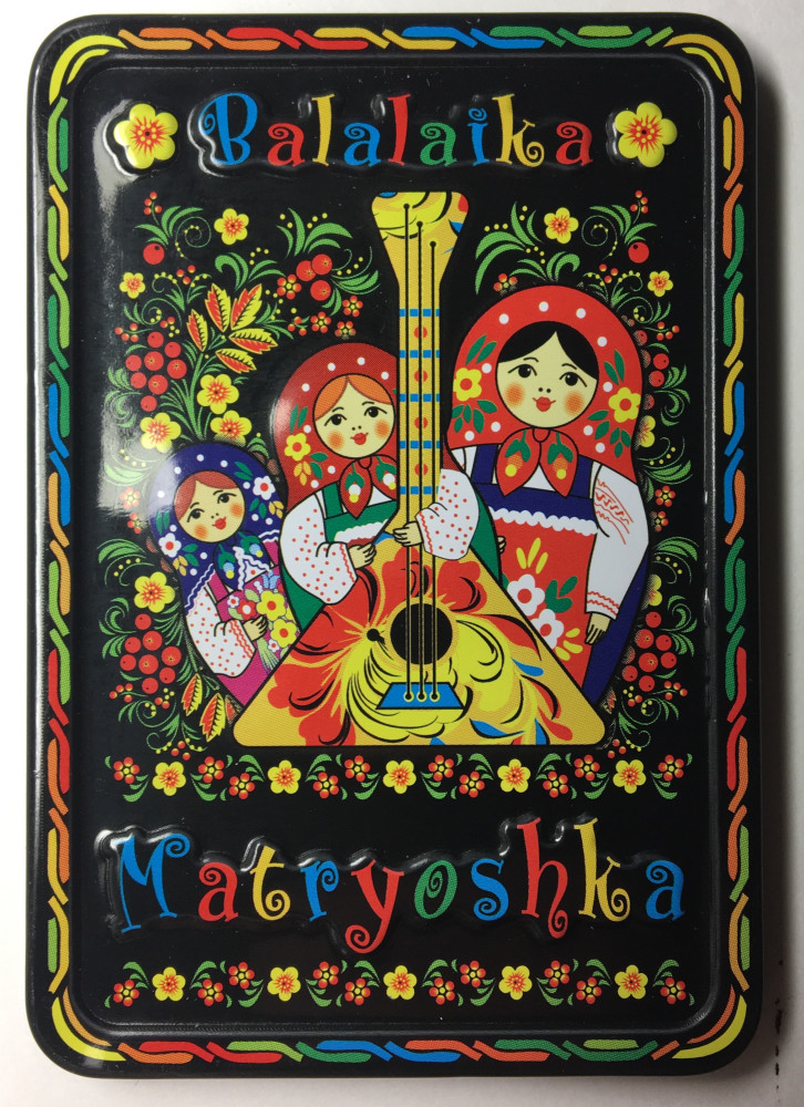 52x78 mm Three Matryoshkas and Balalaika Metal Fridge Magnet (by AKM Gifts)