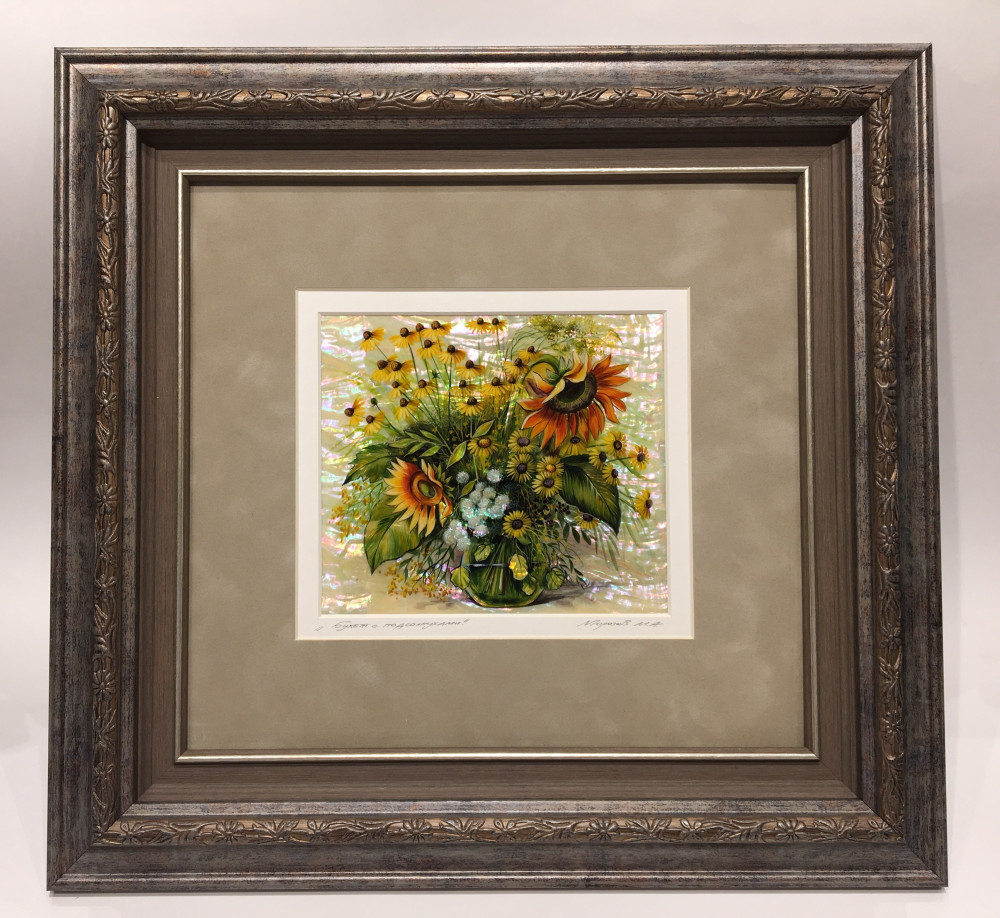 380x380mm Sunflowers Bouquet hand painted on mother of pearl