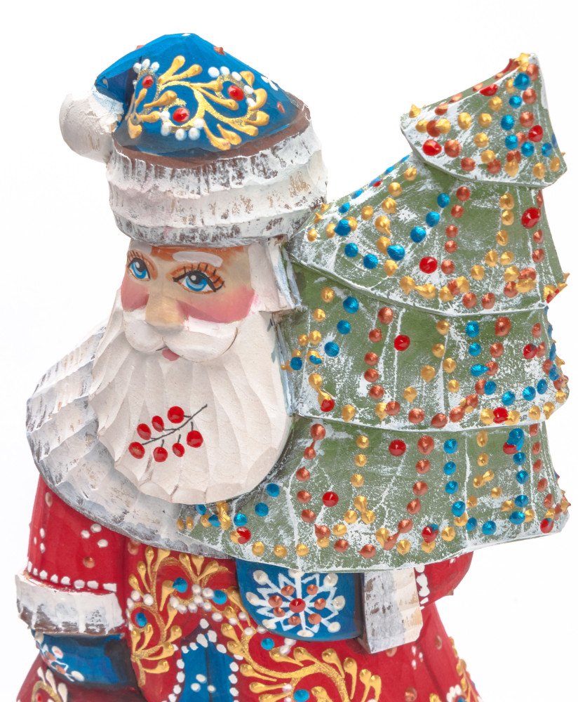 180 mm Santa with a Green Christmas Tree and a Bag Carved Wood Hand Painted Collectible Figurine (by Natalia Nikitina Workshop)