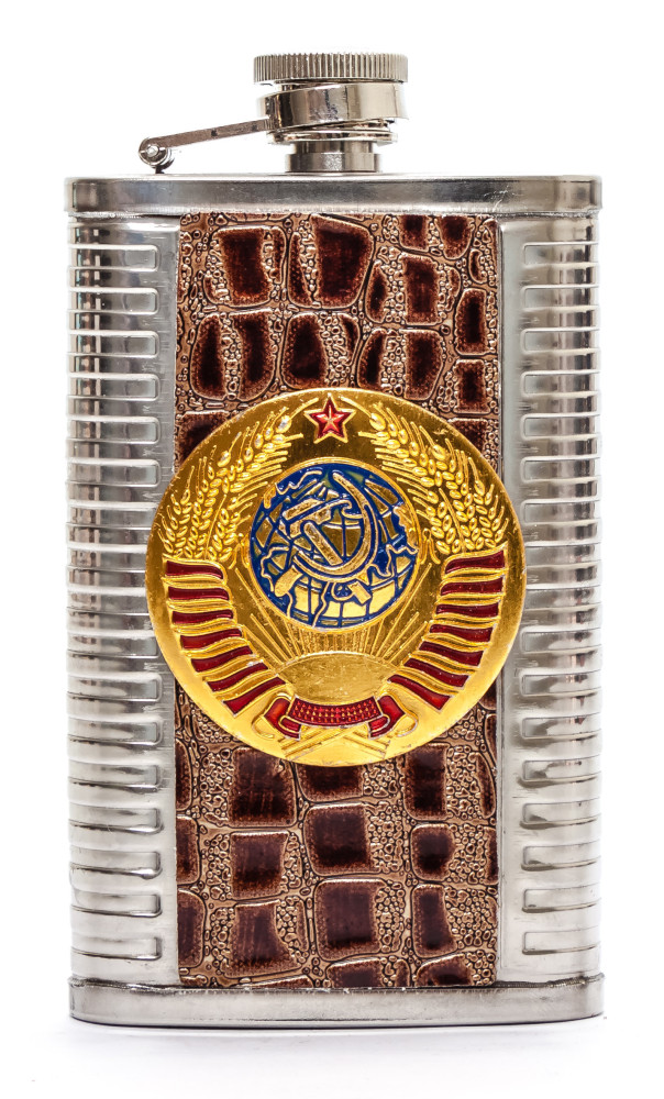6 oz State Emblem of the Soviet Union Leather Coated Metal Flask