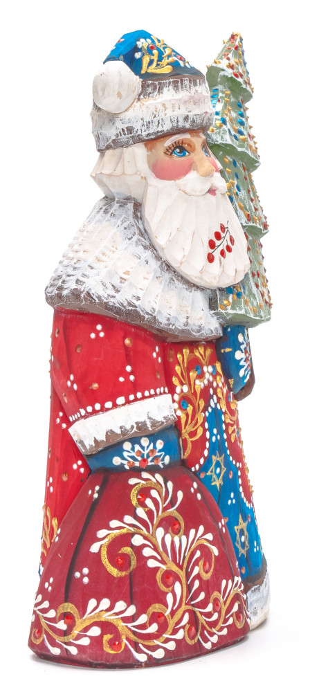 180 mm Santa with a Green Christmas Tree and a Bag Carved Wood Hand Painted Collectible Figurine (by Natalia Nikitina Workshop)