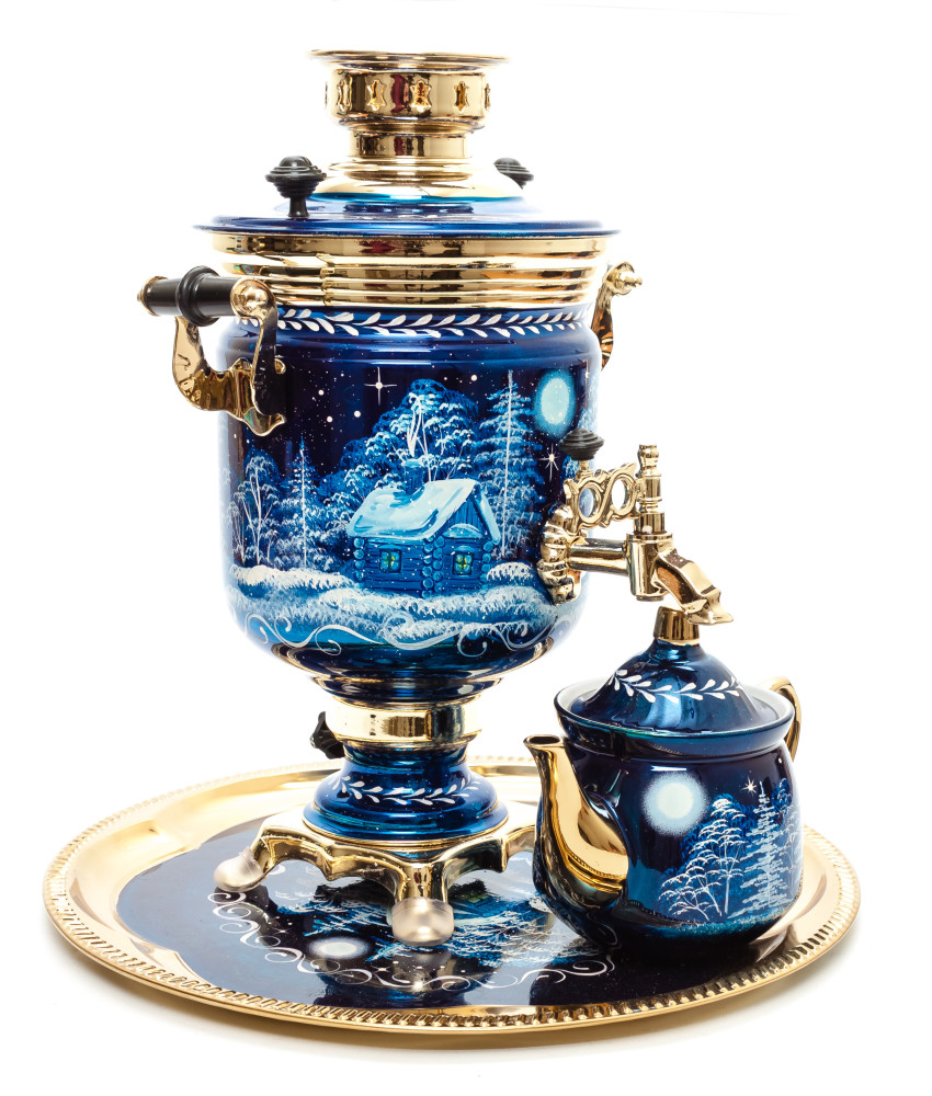 Russian Christmas Night Hand Painted Electric Samovar Kettle with Teapot and Tray