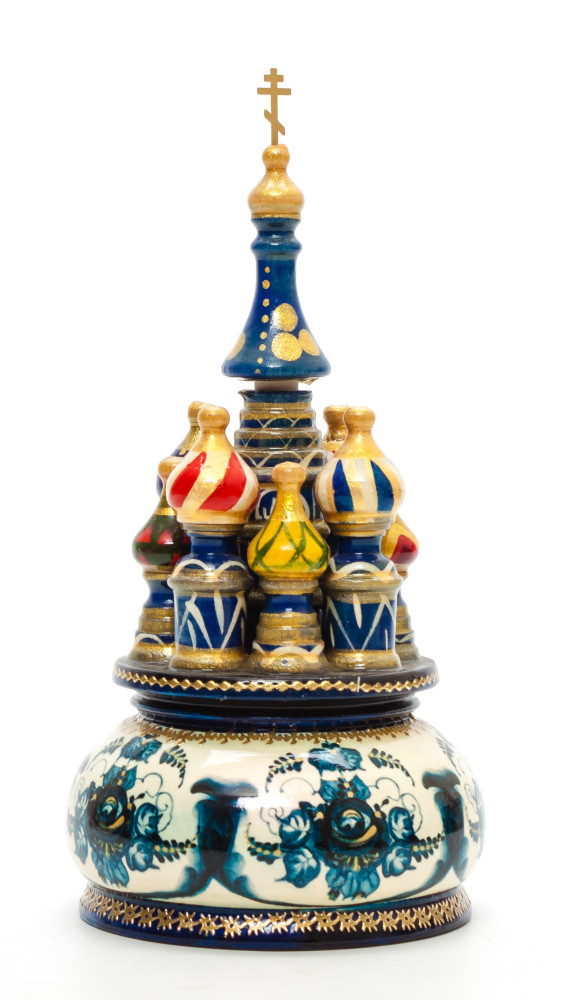190 mm Saint Basil's Cathedral Gzhel Art hand painted Wooden Music Box (by Nightingale Crafts)