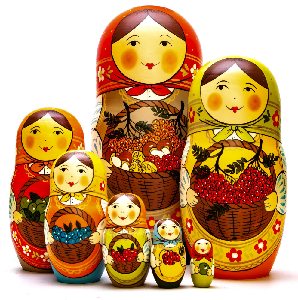 230mm Mistress with a Basket full of Mushrooms and Berries hand painted Traditional Russian Wooden Matryoshka doll 7 pcs (by Igor Malyutin)